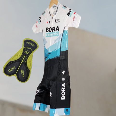 Side hanging view of the BORA Racefit Triathlon Suit, highlighting its high-quality material and fit.