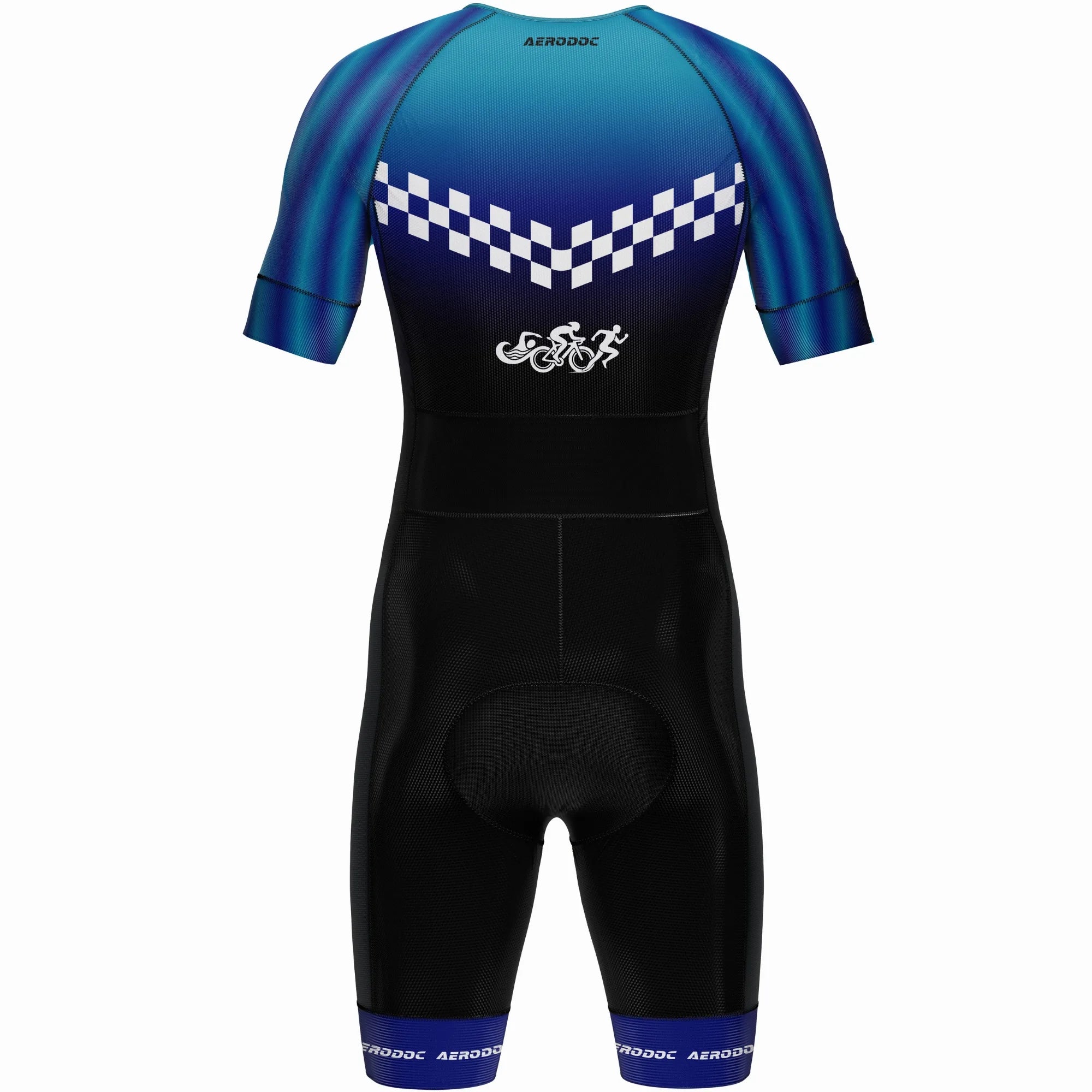 A short-sleeve cycling suit shown from the back, featuring a black lower body with a blue gradient upper back and shoulders, a white checkered stripe across the shoulders, and a white script logo on the center back.