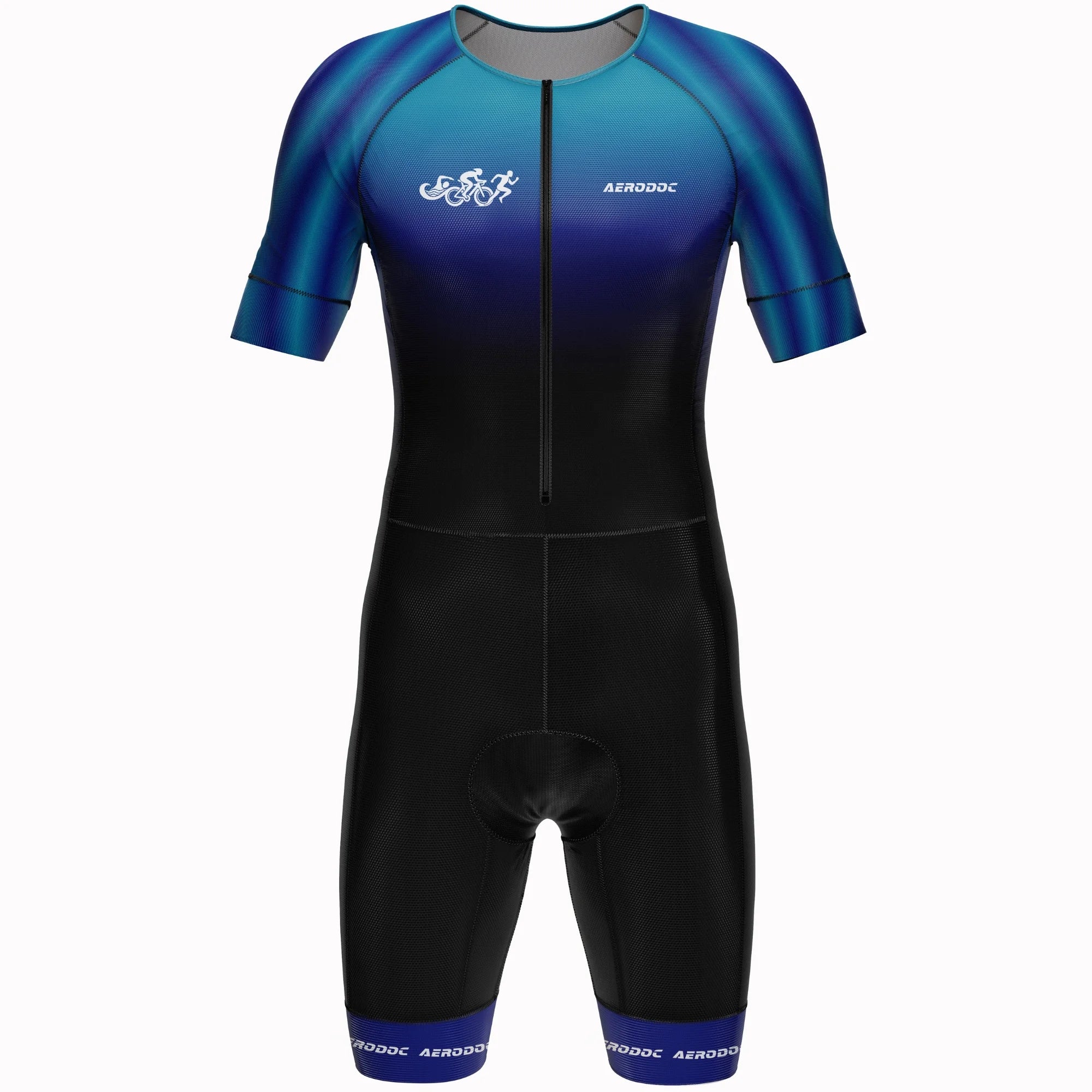 A short-sleeve full-body triathlon suit with a gradient design transitioning from teal and blue on the upper body and sleeves to black on the lower body, featuring a front zipper, white 'AERODC' branding on the chest, and blue trim at the cuffs.