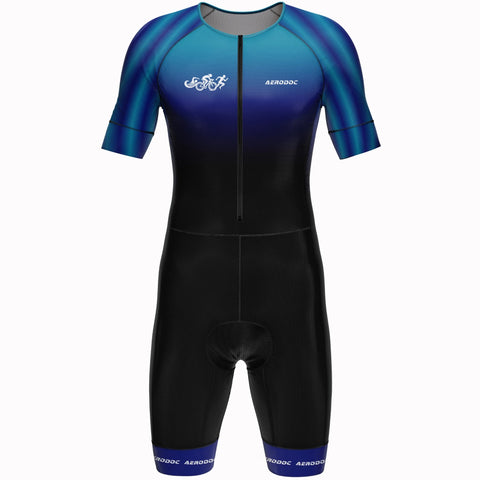 A short-sleeve full-body triathlon suit with a gradient design transitioning from teal and blue on the upper body and sleeves to black on the lower body, featuring a front zipper, white 'AERODC' branding on the chest, and blue trim at the cuffs.