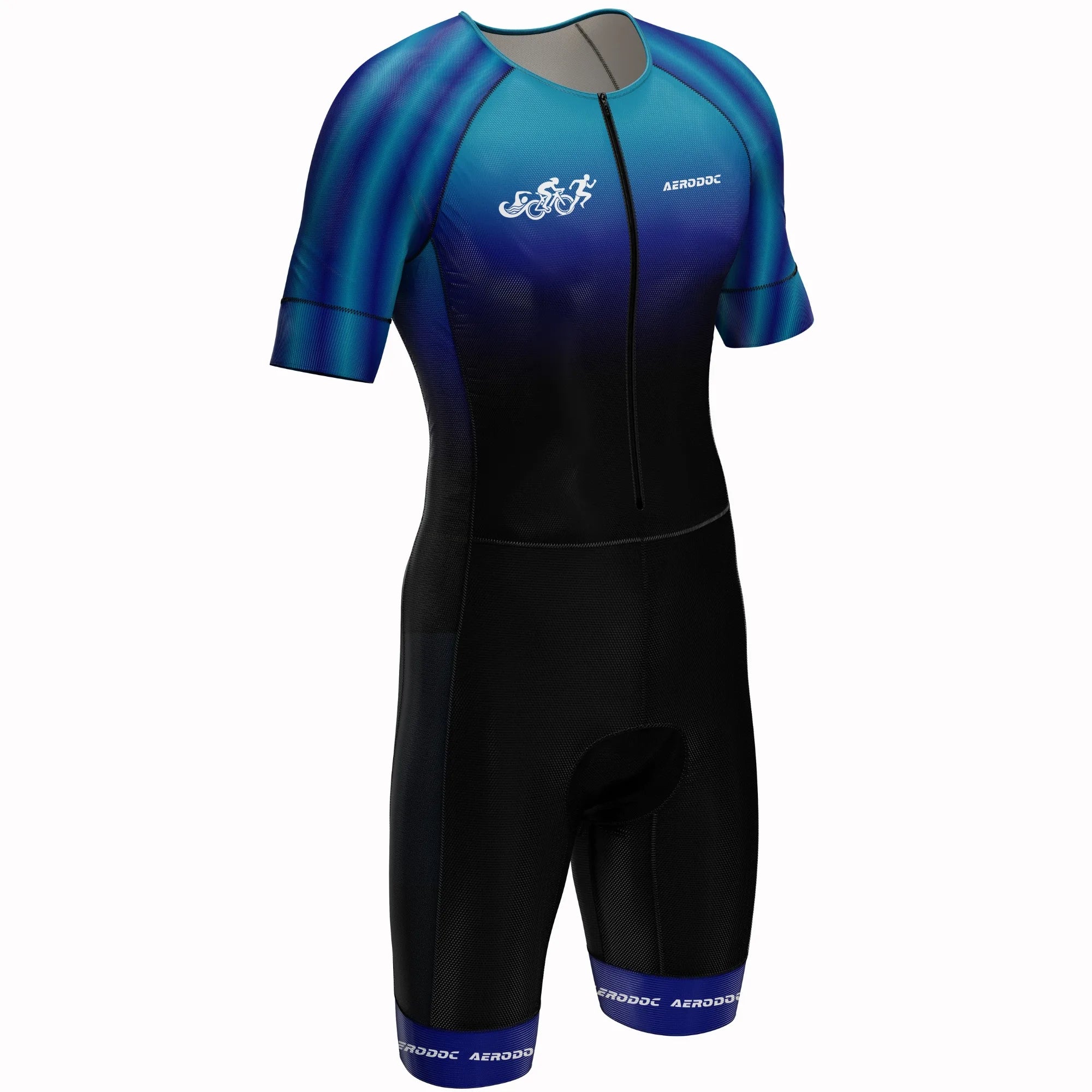 A short-sleeve full-body cycling suit with a blue-to-black gradient upper section and a black lower section, featuring white 'AERODC' branding on the chest and leg cuffs, shown on a plain white background.