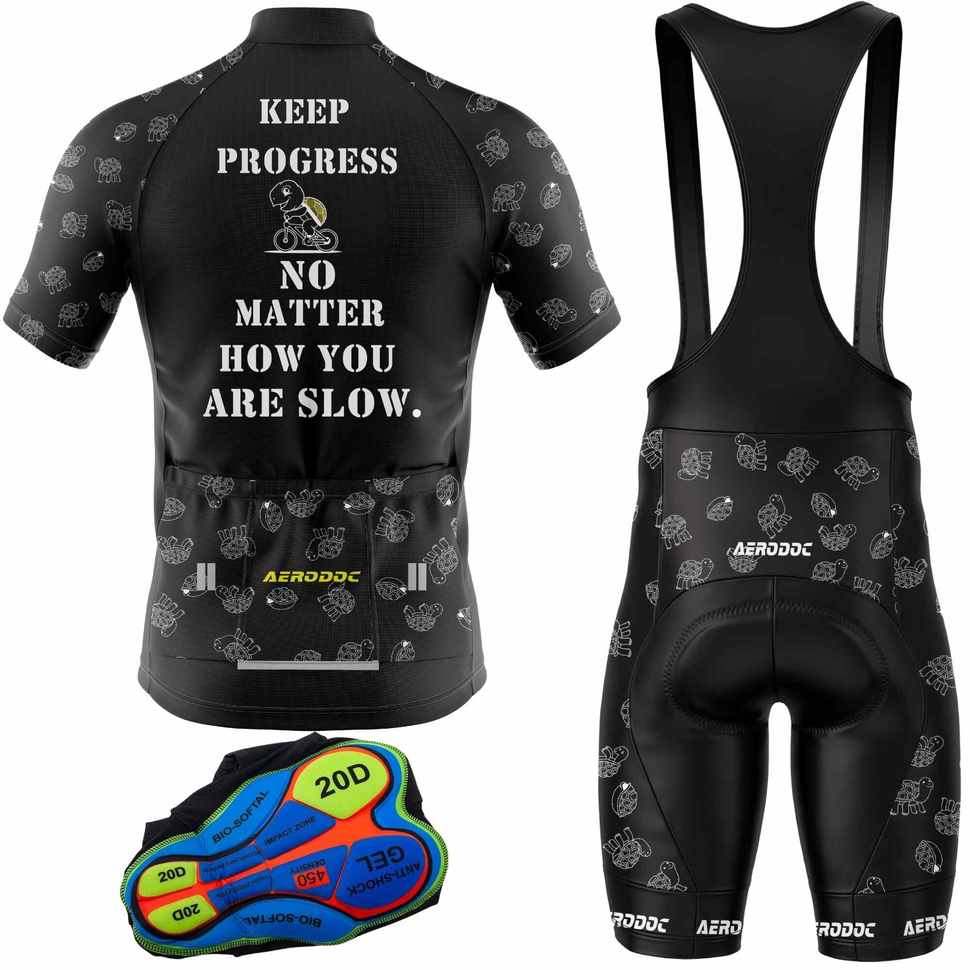 "Black cycling jersey and bib shorts set with reflective elements and unique turtle shell print."
