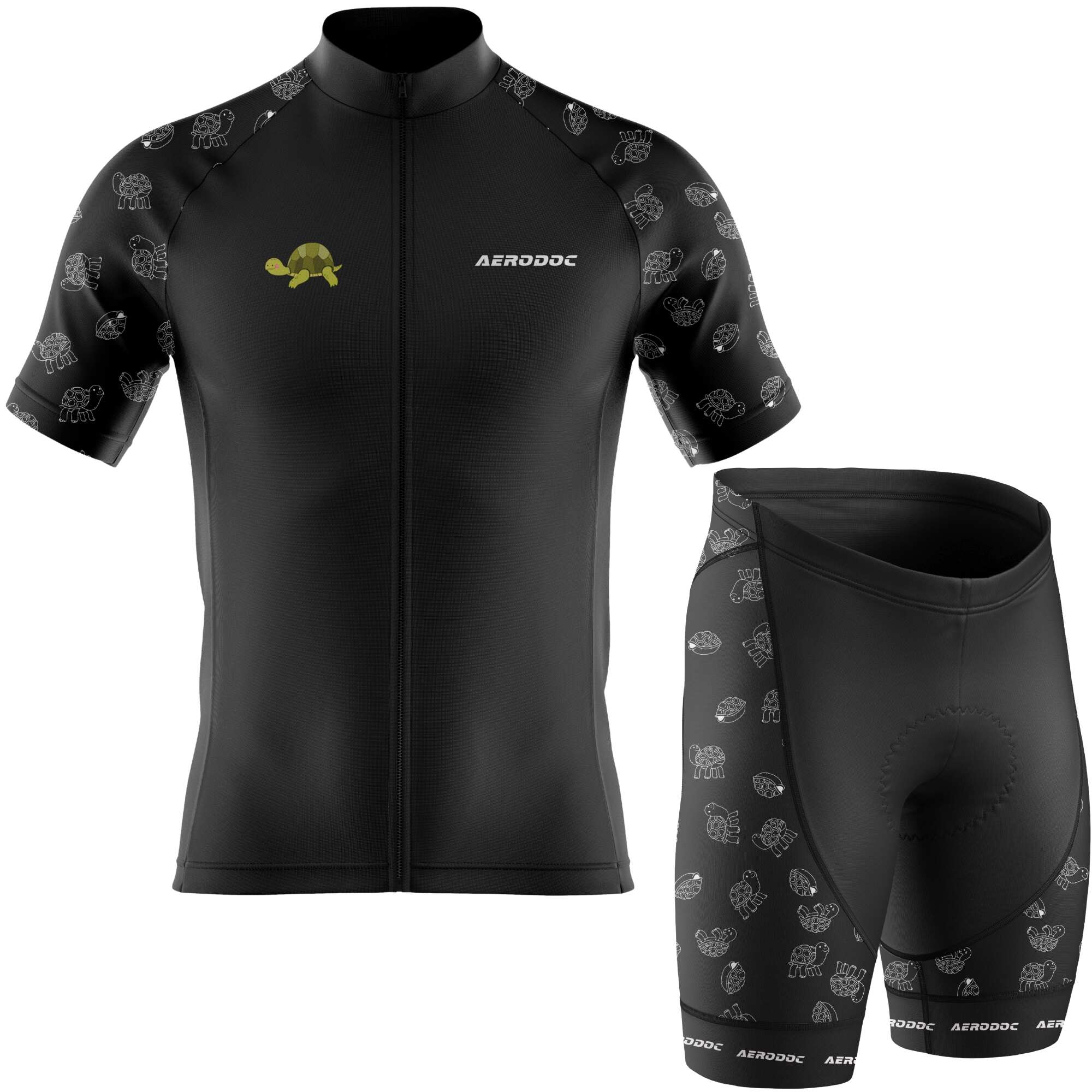 Black cycling bib shorts with gel padding and turtle shell-inspired design – breathable and stretchable fabric for long rides.