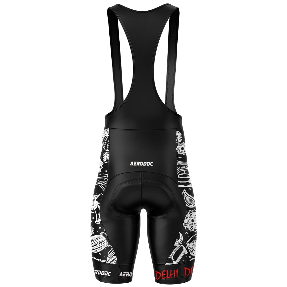 Back view of cycling bib shorts with Delhi city print.