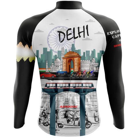 Back view of Delhi cycling jersey featuring iconic landmarks.