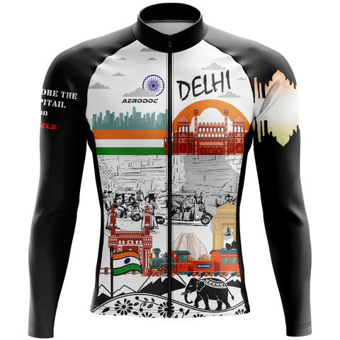 Full sleeve cycling jersey with Delhi graphics for pro cyclists.