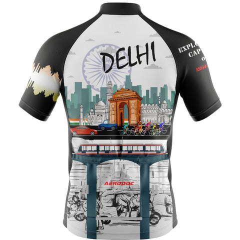 Back view of Delhi cycling jersey featuring iconic landmarks.