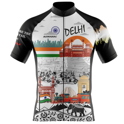 Front view of Delhi-themed cycling jersey with India’s heritage design.