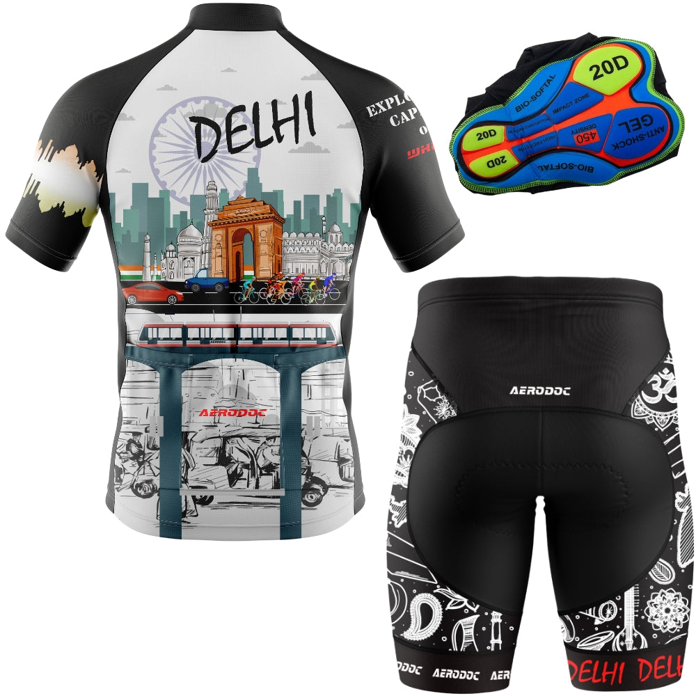 Delhi cycling kit showcasing jersey and bib shorts side details.