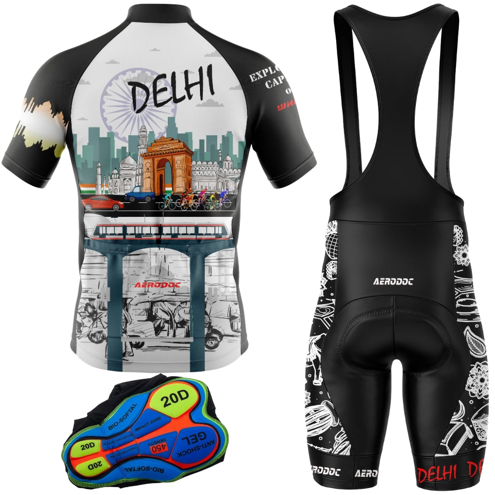 Full cycling kit (jersey + bib shorts) back view with detailed graphics.