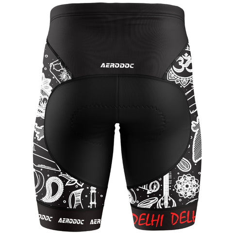 Back view of cycling bib shorts with Delhi city print.