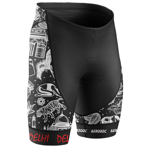 Side view of cycling bib shorts with Delhi artwork.
