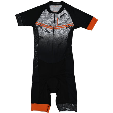 Black and orange cycling suit with a pattern on a white background
