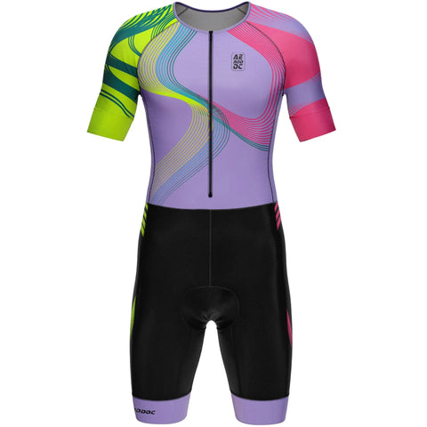 Fluoro Wave mens purple and neon triathlon suit front view