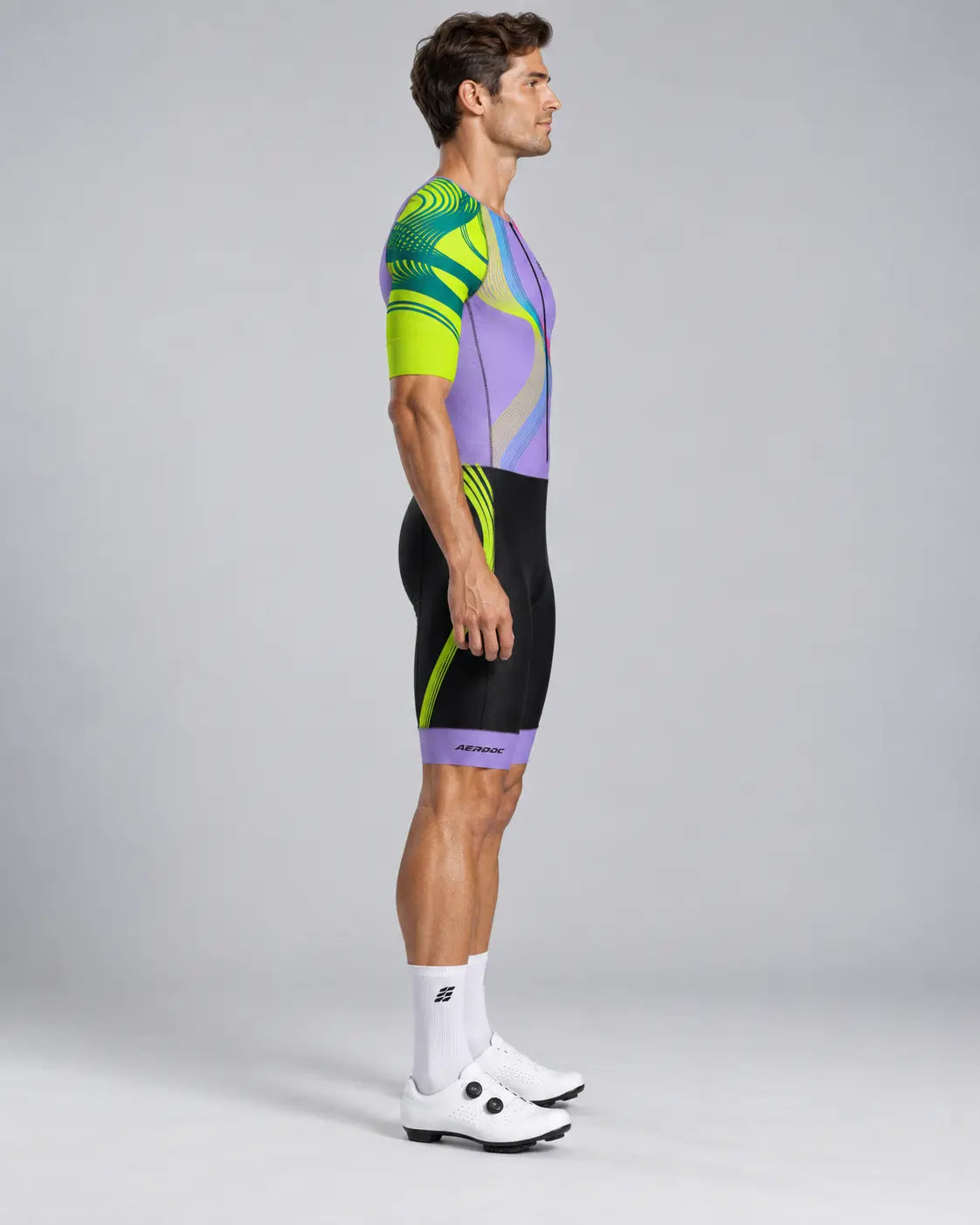 Fluoro Wave mens purple and neon triathlon suit side model view