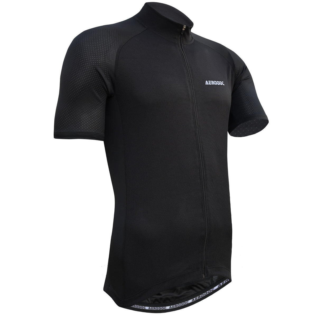Front view of Aerodoc Glide Black Cycling Jersey with full zipper