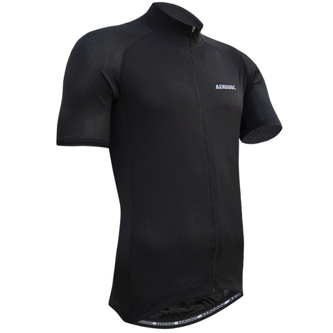Front view of Aerodoc Glide Black Cycling Jersey with full zipper