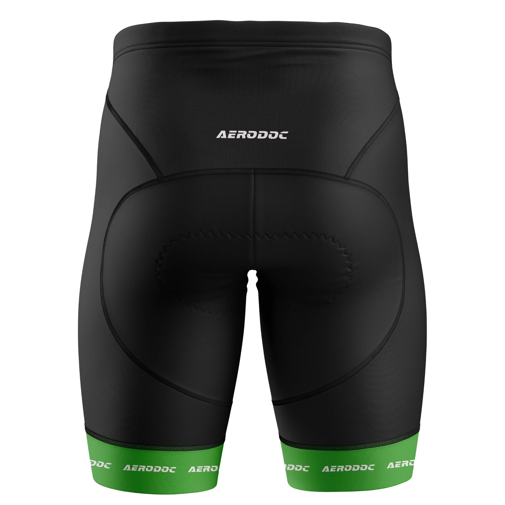 Black cycling shorts with green branding details – back view