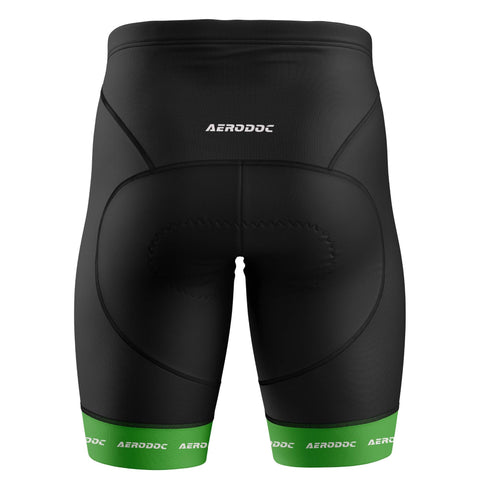 Black cycling shorts with green branding details – back view