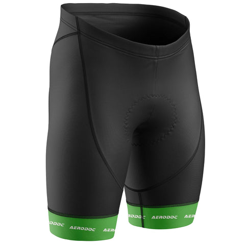 Black cycling shorts with green leg grippers – front view