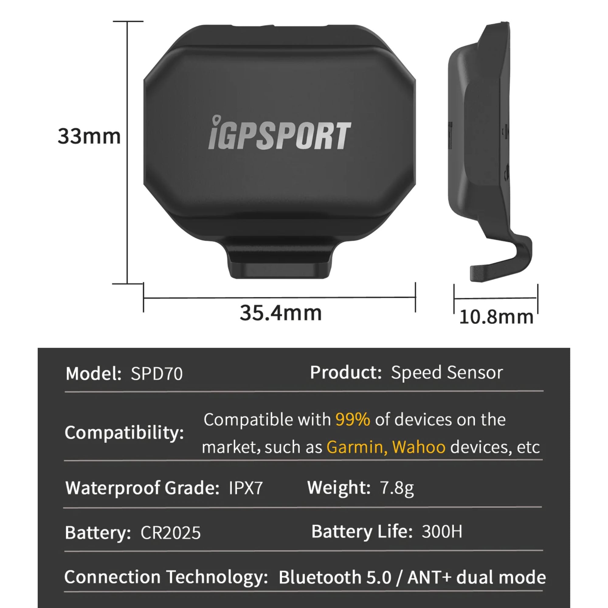 IGPSPORT SPD70 sensor specifications - dual-mode Bluetooth and ANT+, app and device compatibility