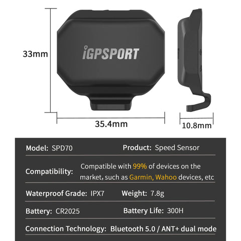 IGPSPORT SPD70 sensor specifications - dual-mode Bluetooth and ANT+, app and device compatibility