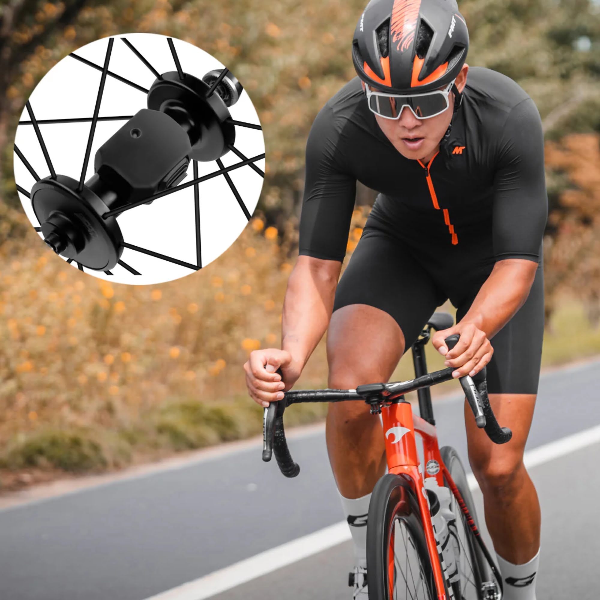 rofessional cyclist using IGPSPORT SPD70 speed sensor on road bike for performance tracking