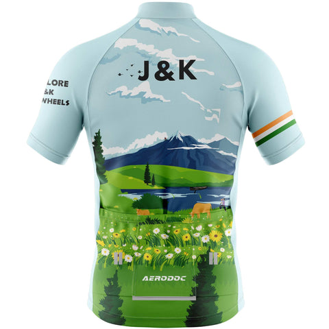 J&K-themed cycling jersey with three rear pockets and moisture-wicking fabric.