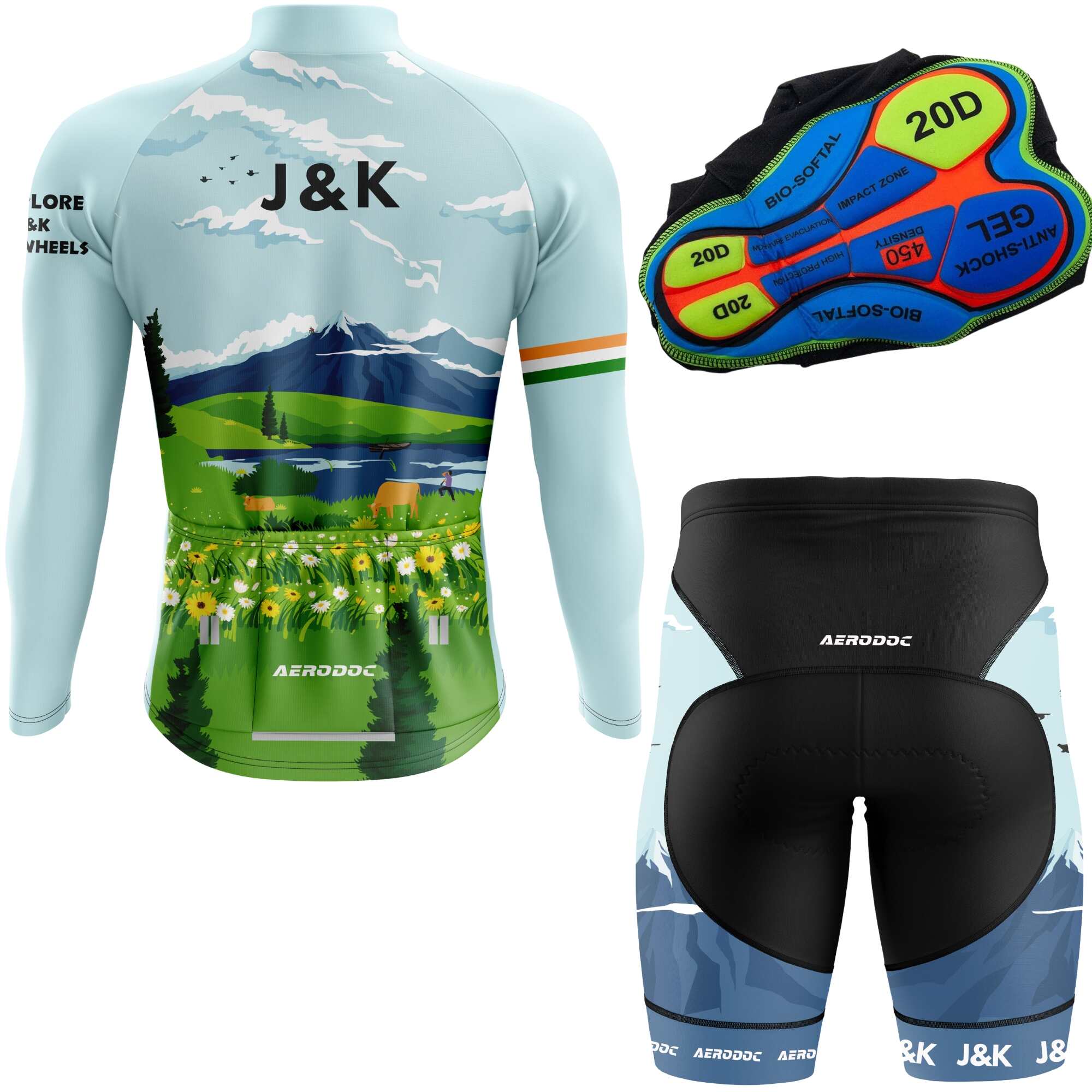 J&K edition premium cycling jersey and bib shorts with high-stretch breathable fabric.