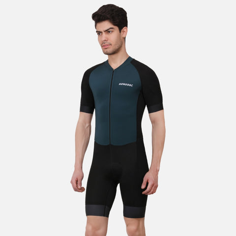 Side view of the Mineral Green Triathlon Suit highlighting its sleek and professional design for enhanced performance.