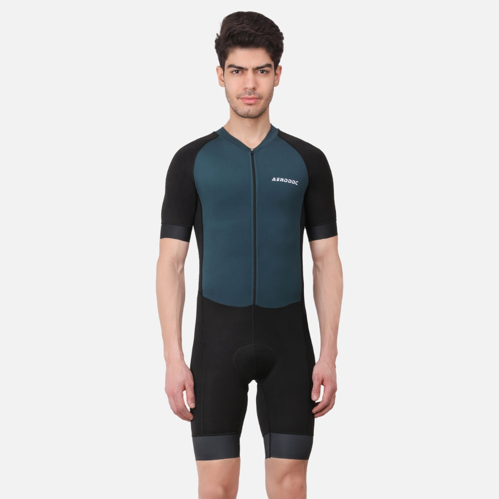 Front profile of a model wearing the Mineral Green Triathlon Suit with a professional and stylish finish.