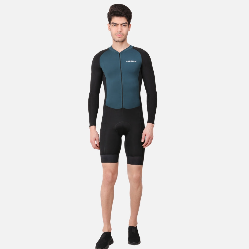 Front profile of a model wearing the Mineral Green Triathlon Suit with a professional and stylish finish.