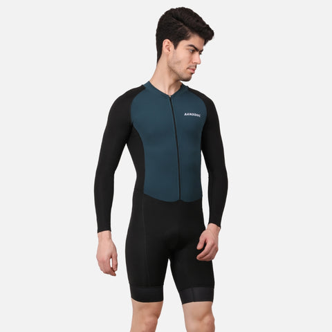 Side view of the Mineral Green Triathlon Suit highlighting its sleek and professional design for enhanced performance.