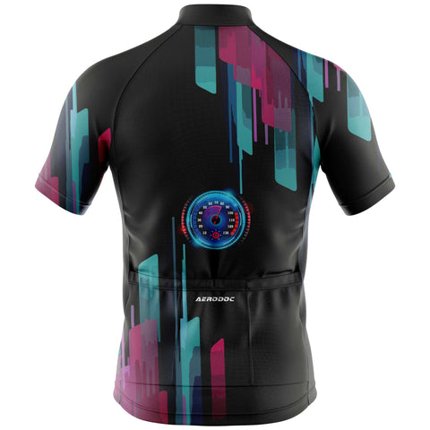 Back view of Neon Skyline Cycling Jersey with practical storage pockets and water-resistant zipper pocket