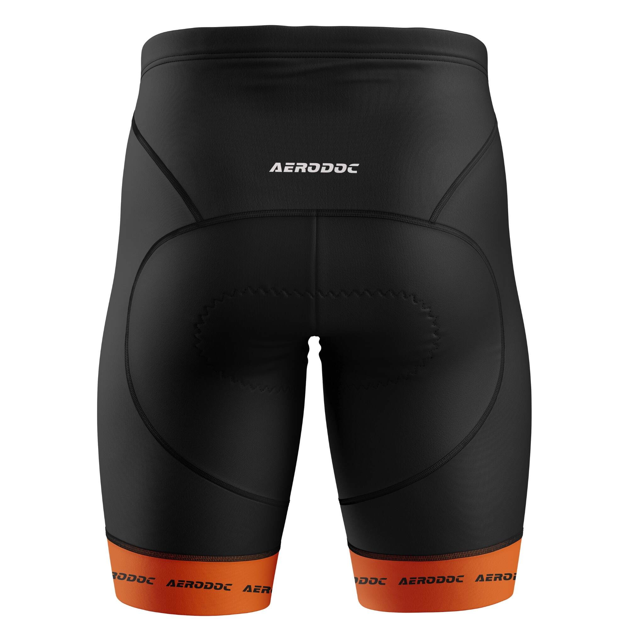 Black cycling shorts with orange branding details – back view