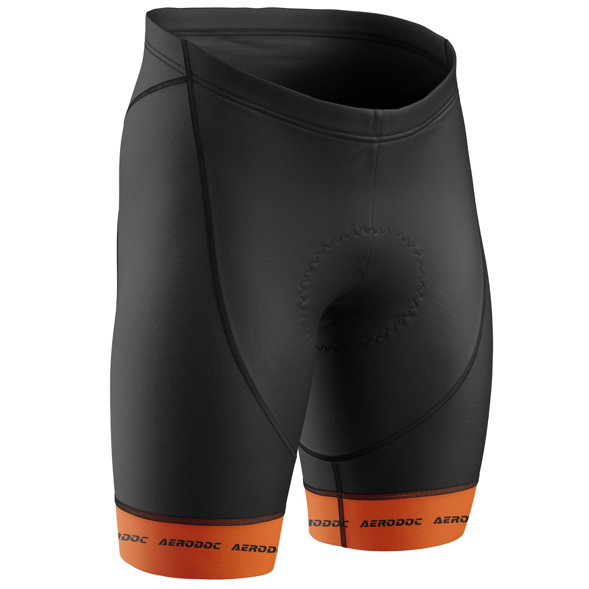 Black cycling shorts with orange leg grippers – front view