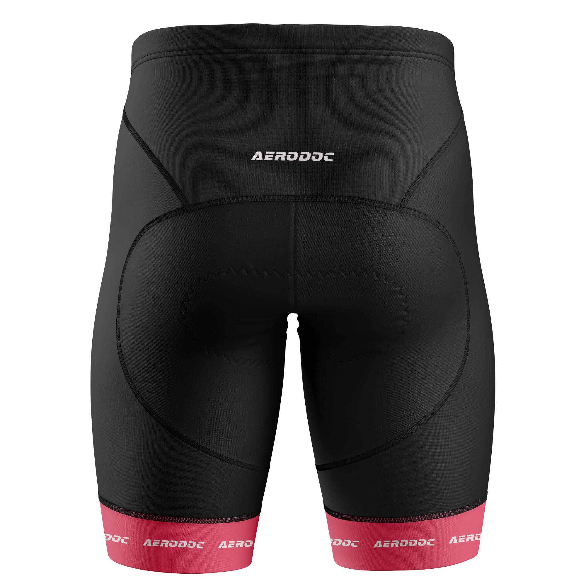 Black cycling shorts with pink branding details – back view