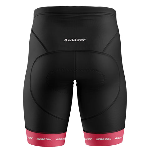 Black cycling shorts with pink branding details – back view