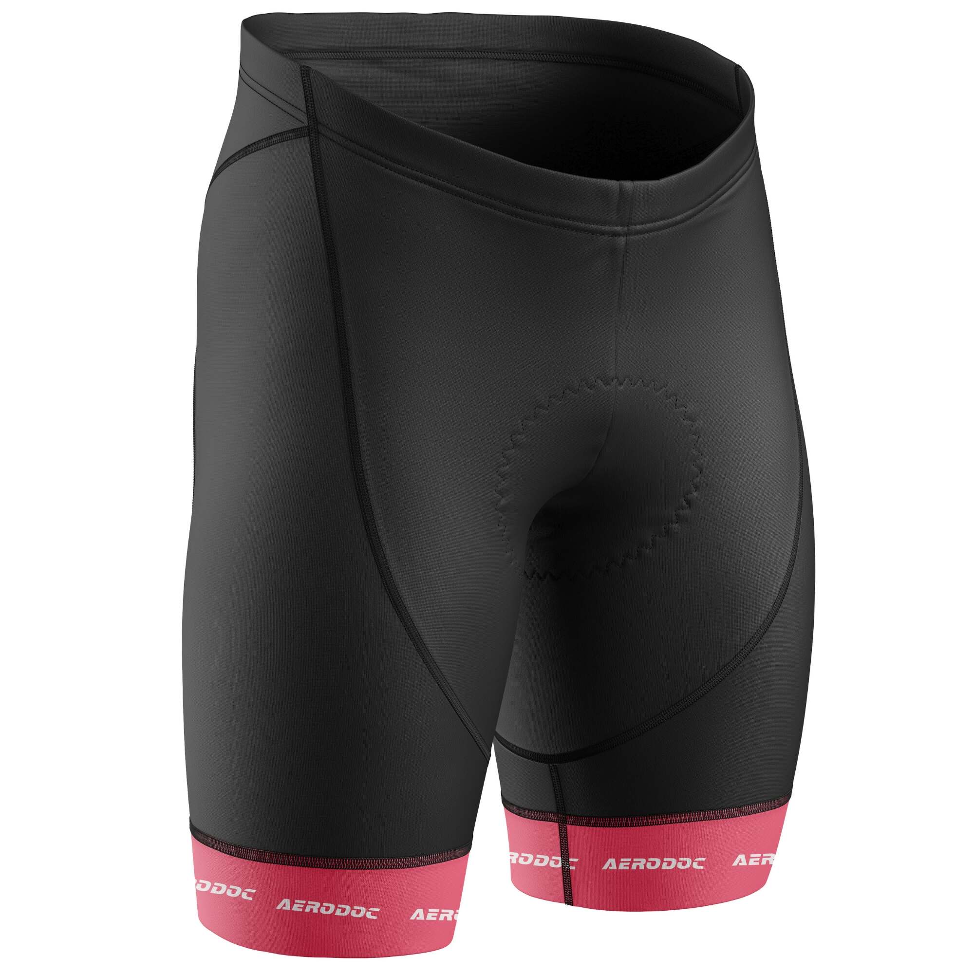 Black cycling shorts with pink leg grippers – front view.