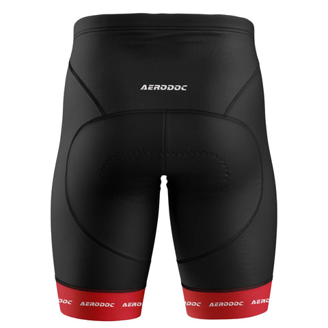 Black cycling shorts with red branding details – back view