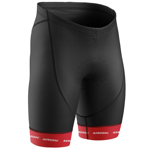 Black cycling shorts with red leg grippers – front view