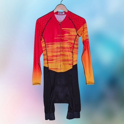  Side view of the Red-Yellow Triathlon Suit with breathable mesh side panels and a secure thigh powerband for men and women.