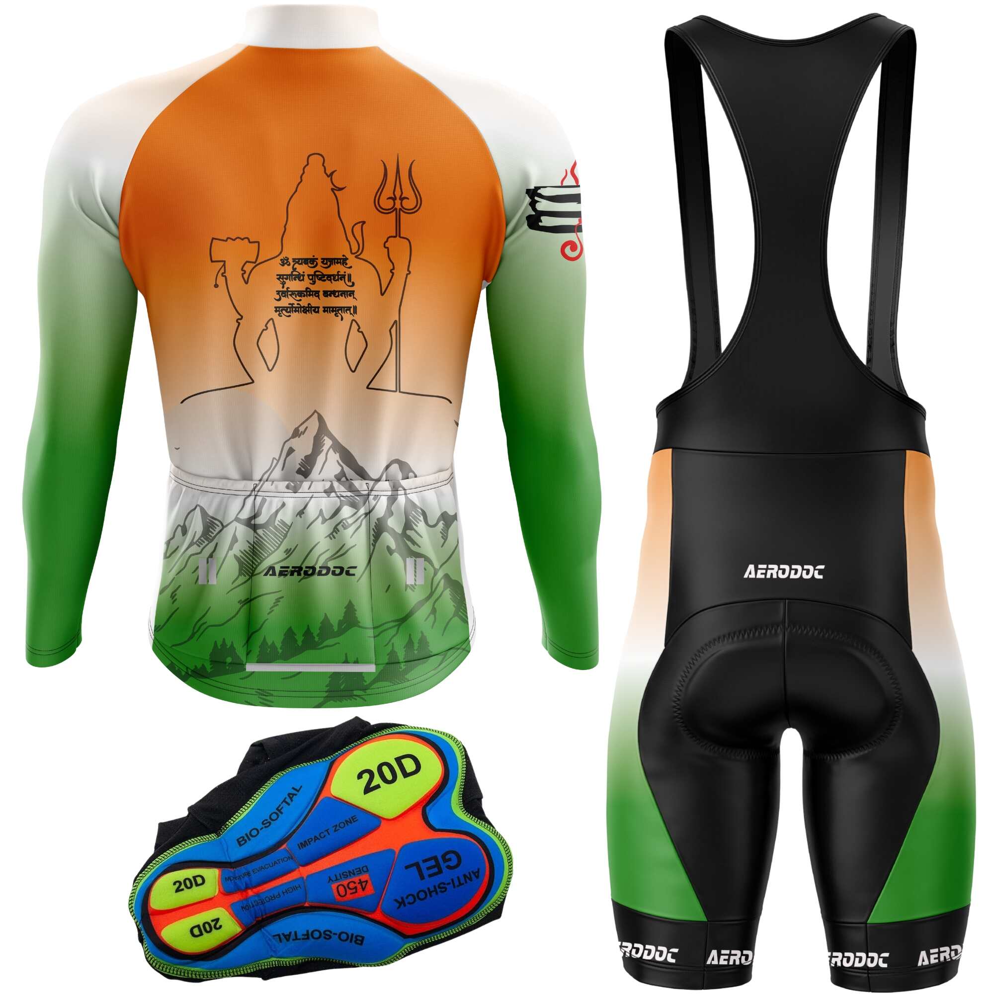 Tricolor Mahadev Full Sleeves Cycling Jersey with Bib Shorts Set
