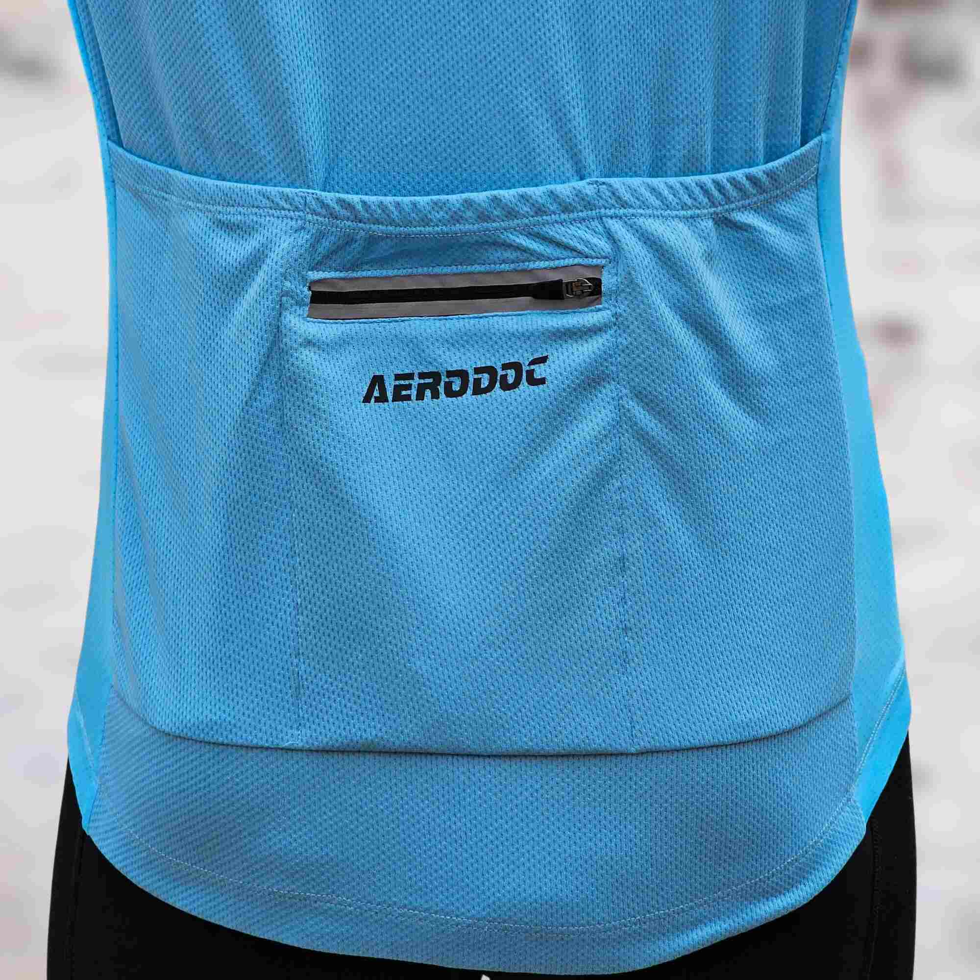 Aerodoc Glide Light Blue Cycling jersey with waterproof zipper pocket