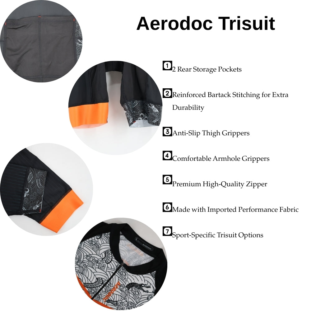 Black and orange cycling suit with a pattern on a white background details