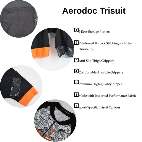 Black and orange cycling suit with a pattern on a white background details