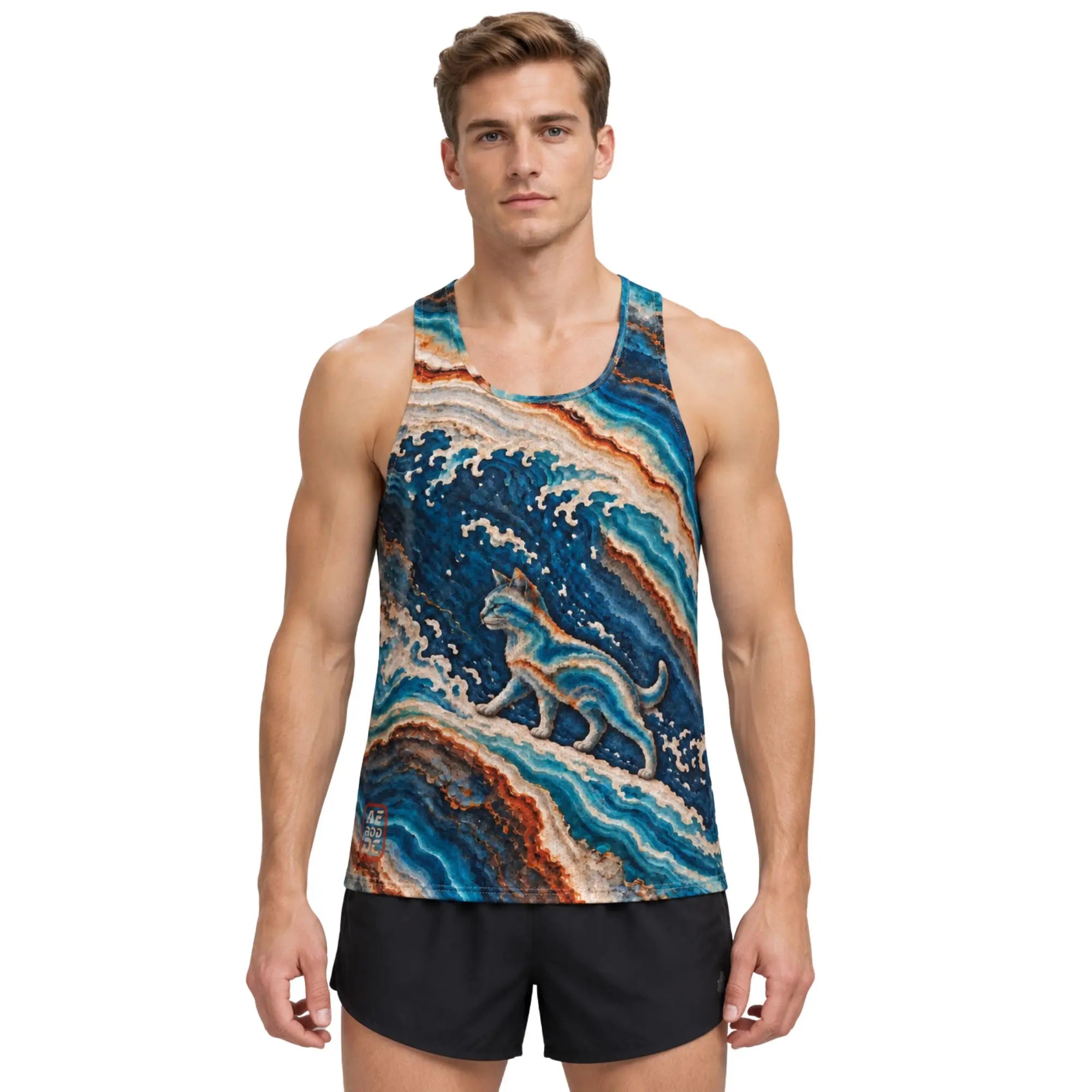 WaveRunner men's blue wave running tank top front view