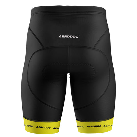 Black cycling shorts with yellow branding details – back view