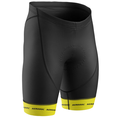 Black cycling shorts with yellow leg grippers – front view